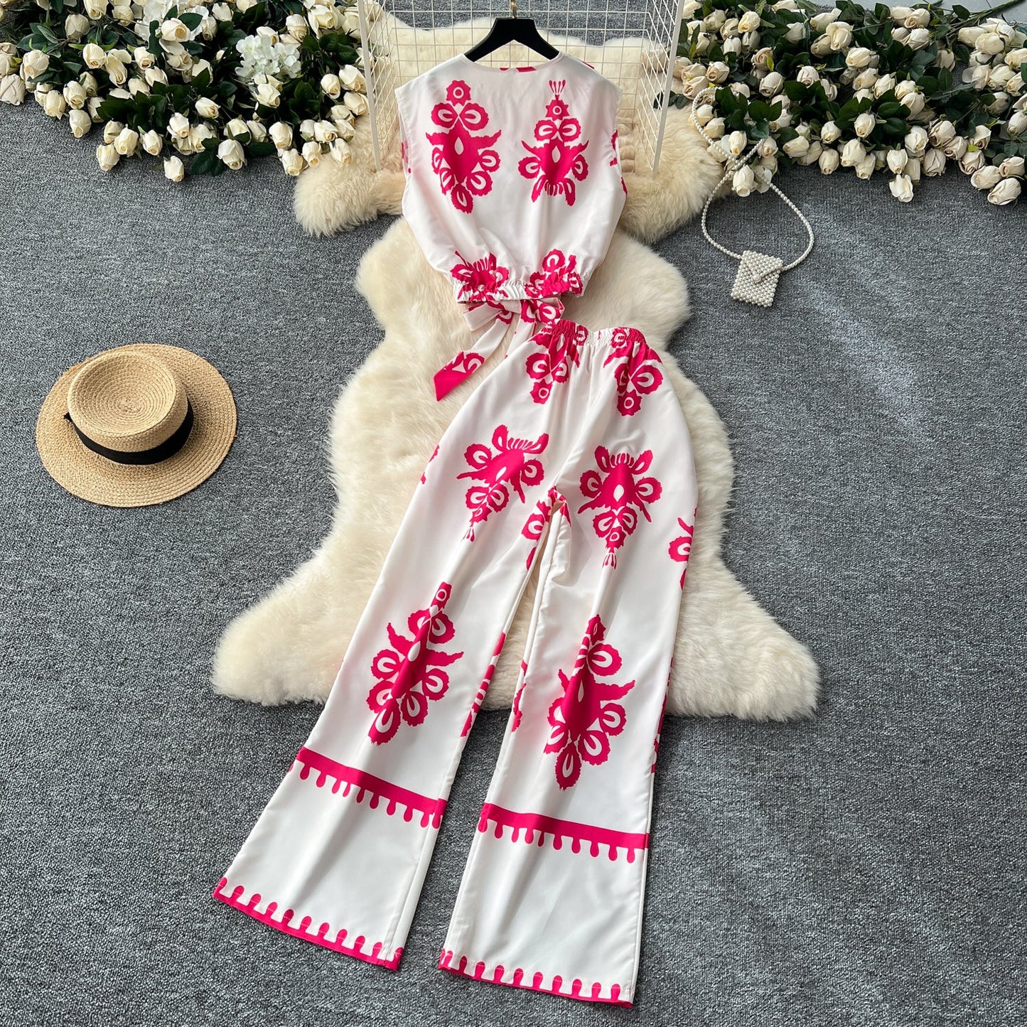 Printed Sleeveless Top & Wide Leg Pants Set