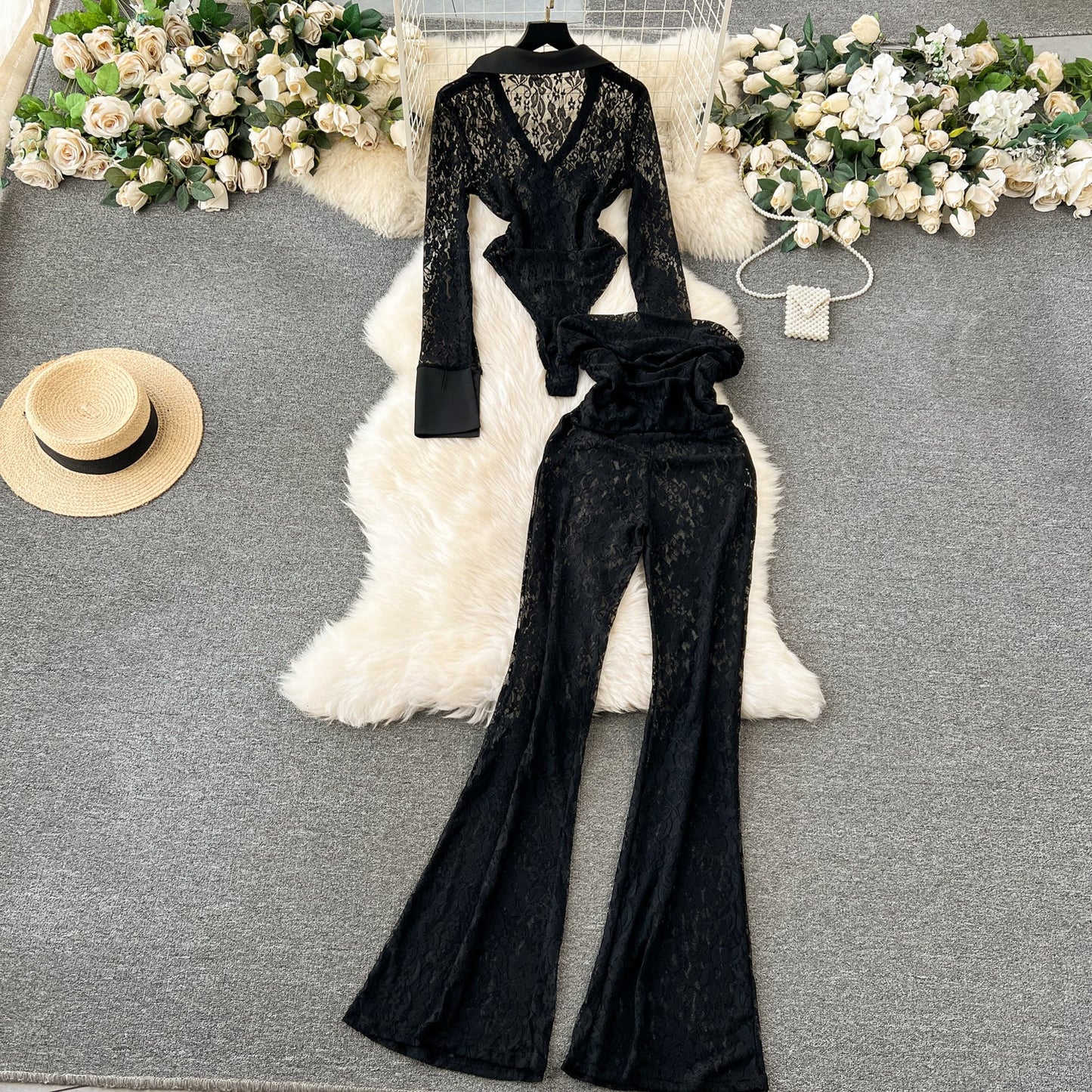 Designer Black Lace Jumpsuit & Trousers Set