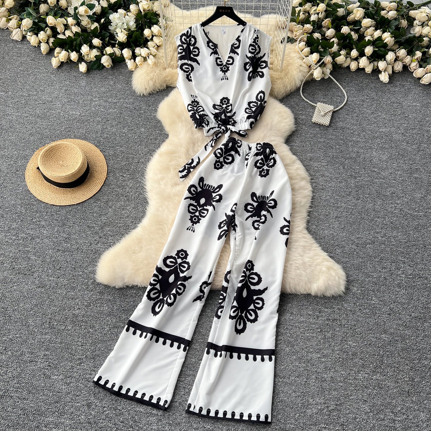 Printed Sleeveless Top & Wide Leg Pants Set