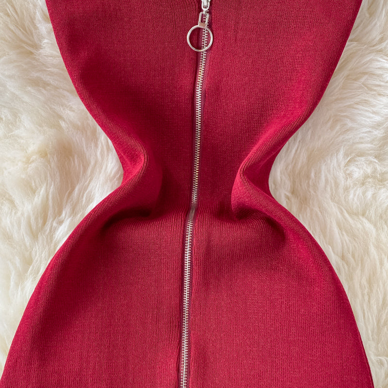 Bodycon Knit Dress with Front Zipper