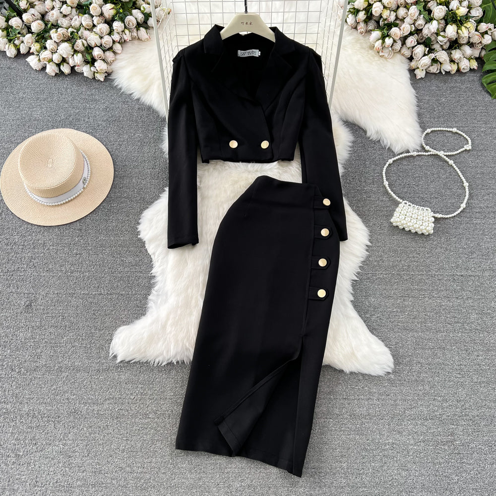 Black Blazer and Skirt Set Office Wear