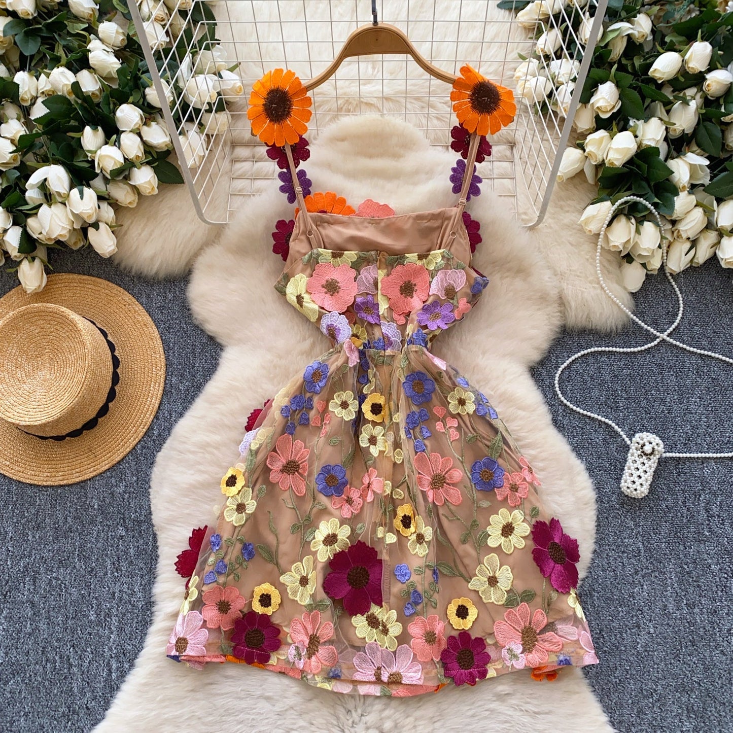 Blooming Floral Embroidery Party Dress