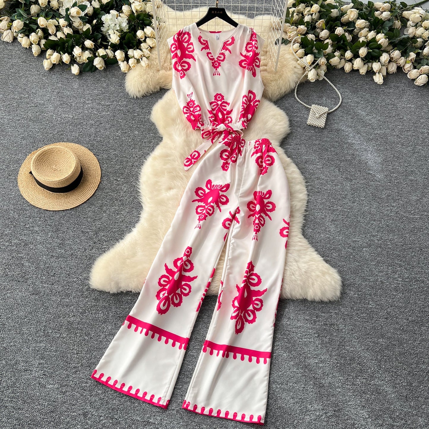 Printed Sleeveless Top & Wide Leg Pants Set