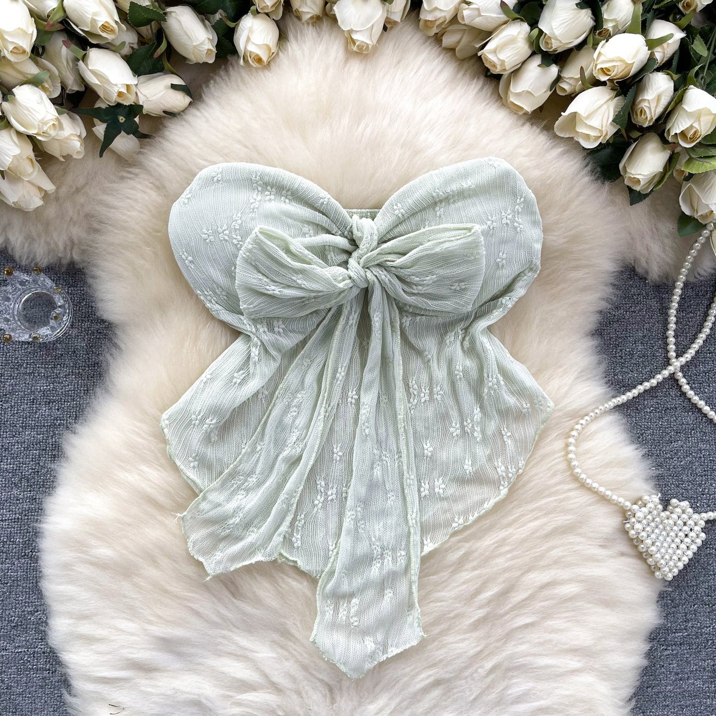 Ethereal Bow-Adorned Lace Bustier Top