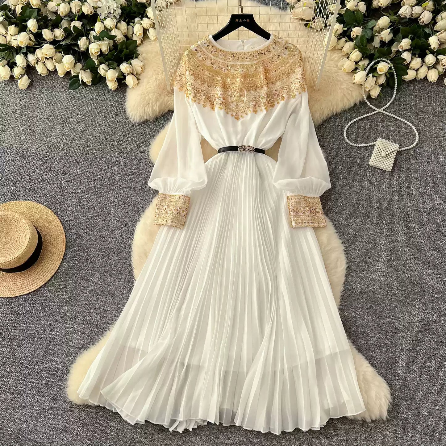 Rhinestone Embellished Pleated Dress