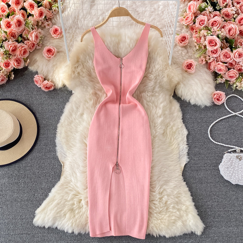 Bodycon Knit Dress with Front Zipper