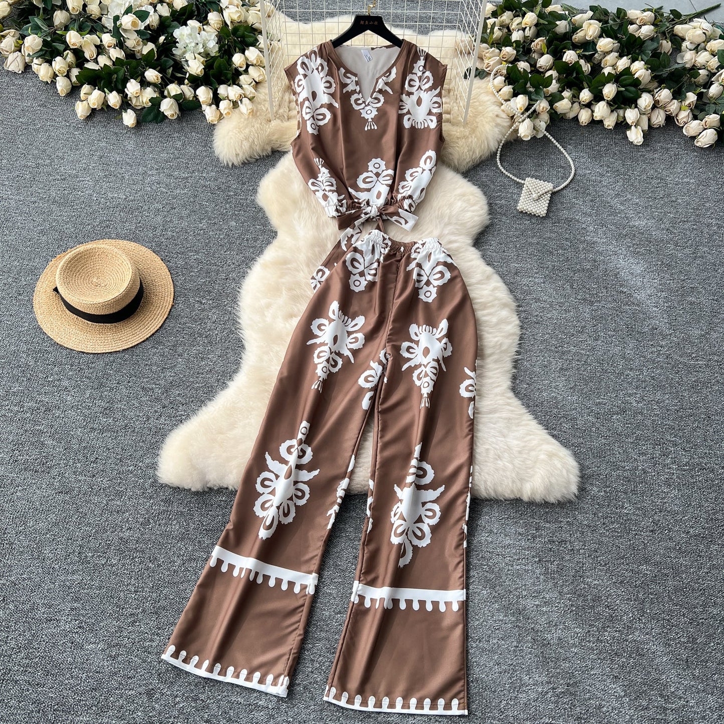 Printed Sleeveless Top & Wide Leg Pants Set
