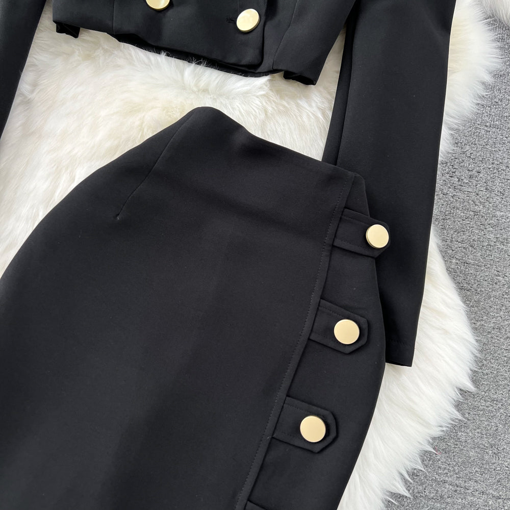 Black Blazer and Skirt Set Office Wear