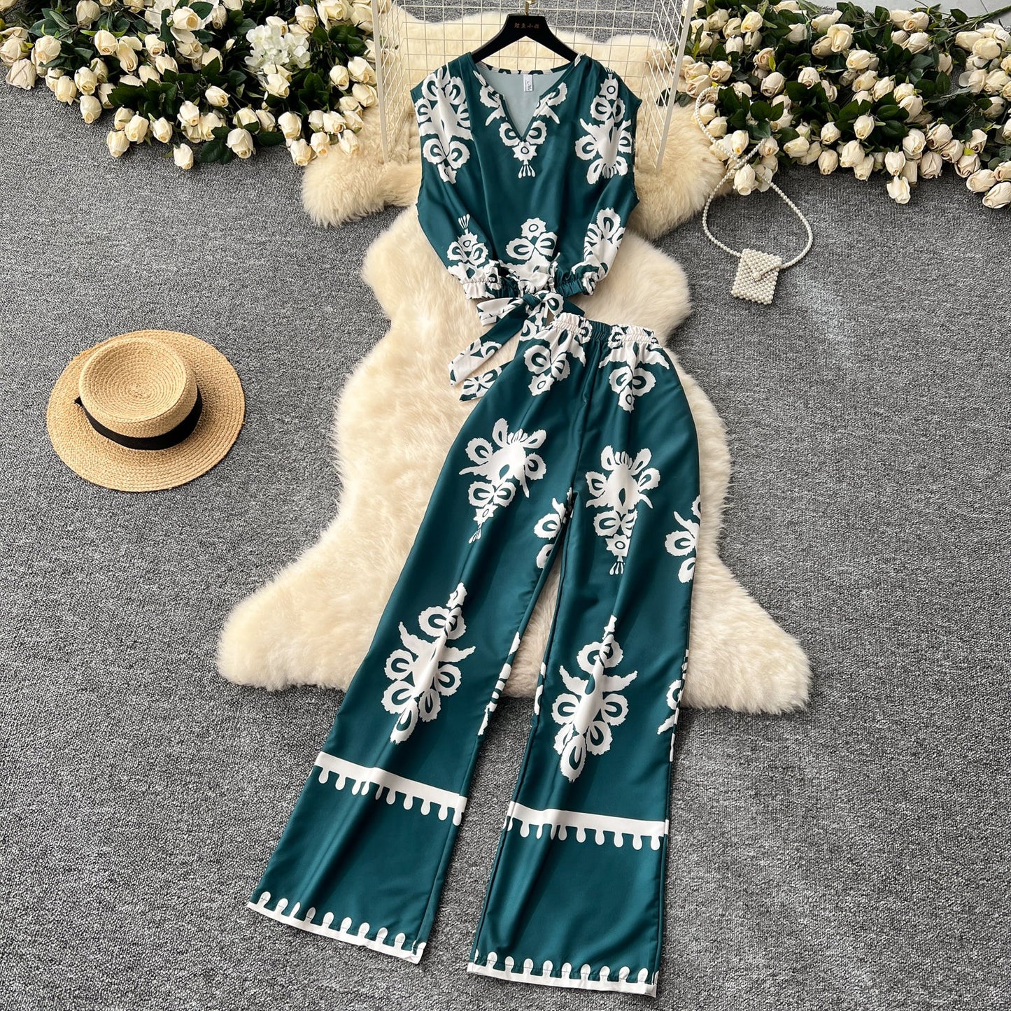 Printed Sleeveless Top & Wide Leg Pants Set