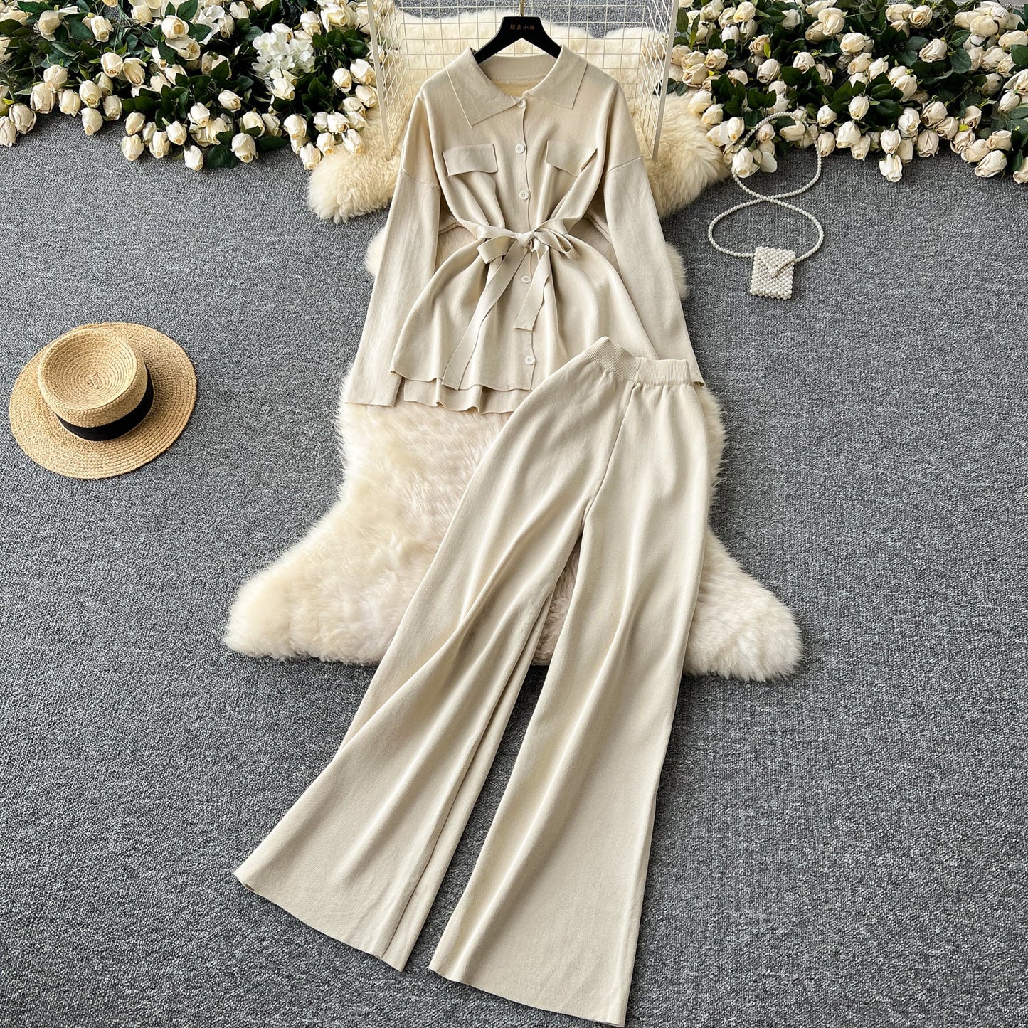 Tie Front Lounge Set Cozy Cardigan & Wide Leg Trousers