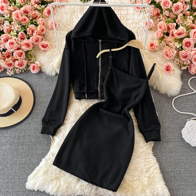 Cropped Zip Up Hoodie with Slip Dress