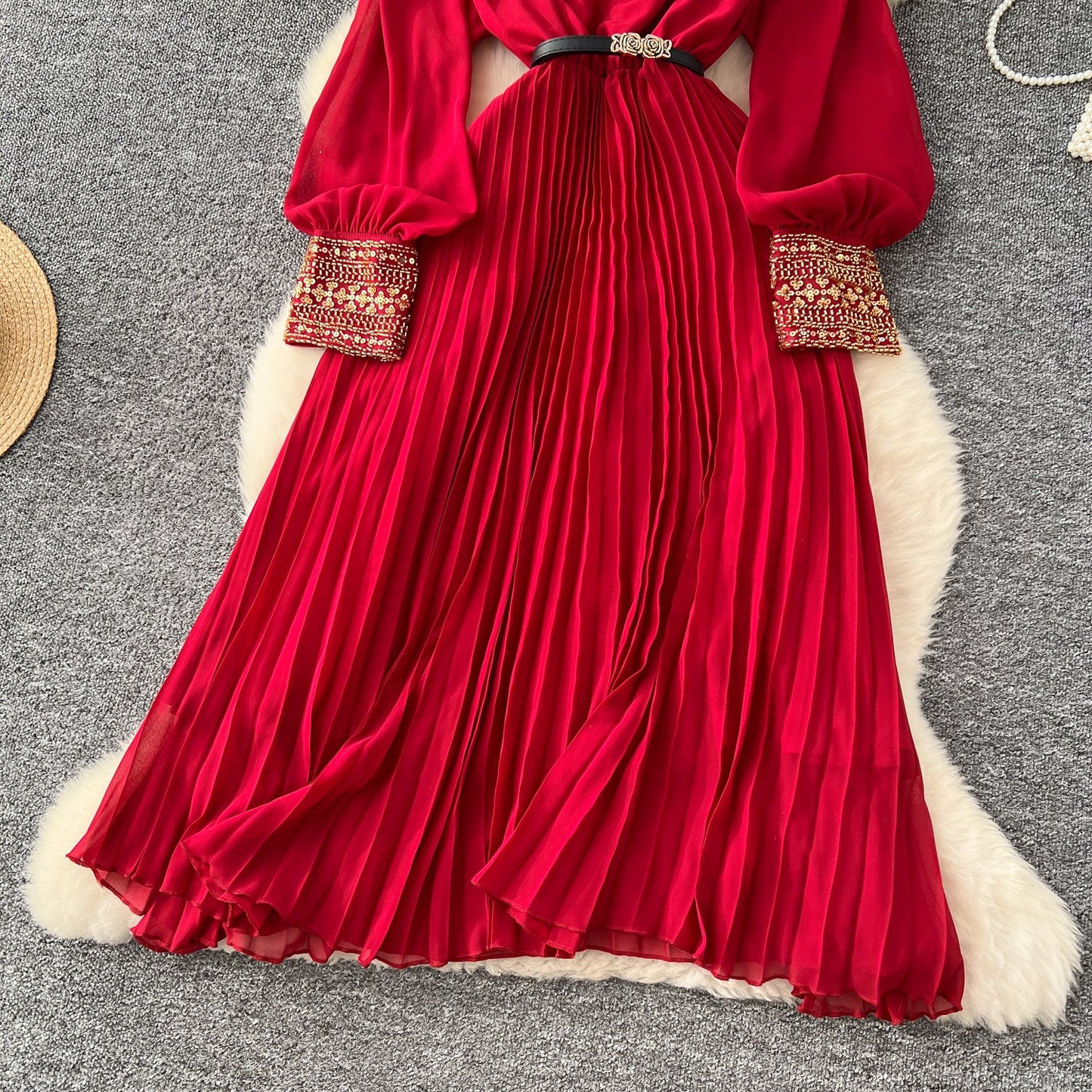 Rhinestone Embellished Pleated Dress