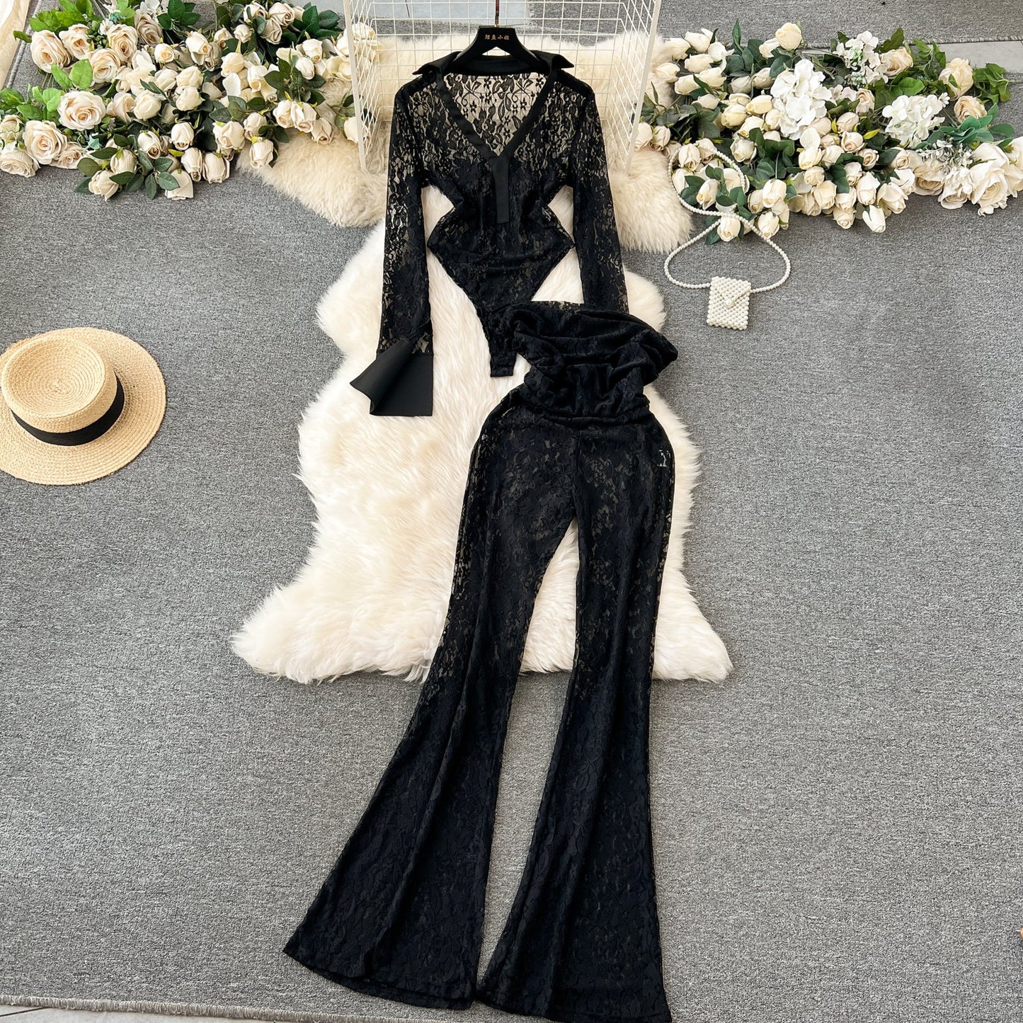 Designer Black Lace Jumpsuit & Trousers Set