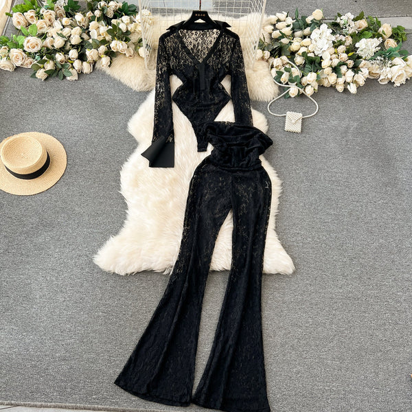 Designer Black Lace Jumpsuit & Trousers Set