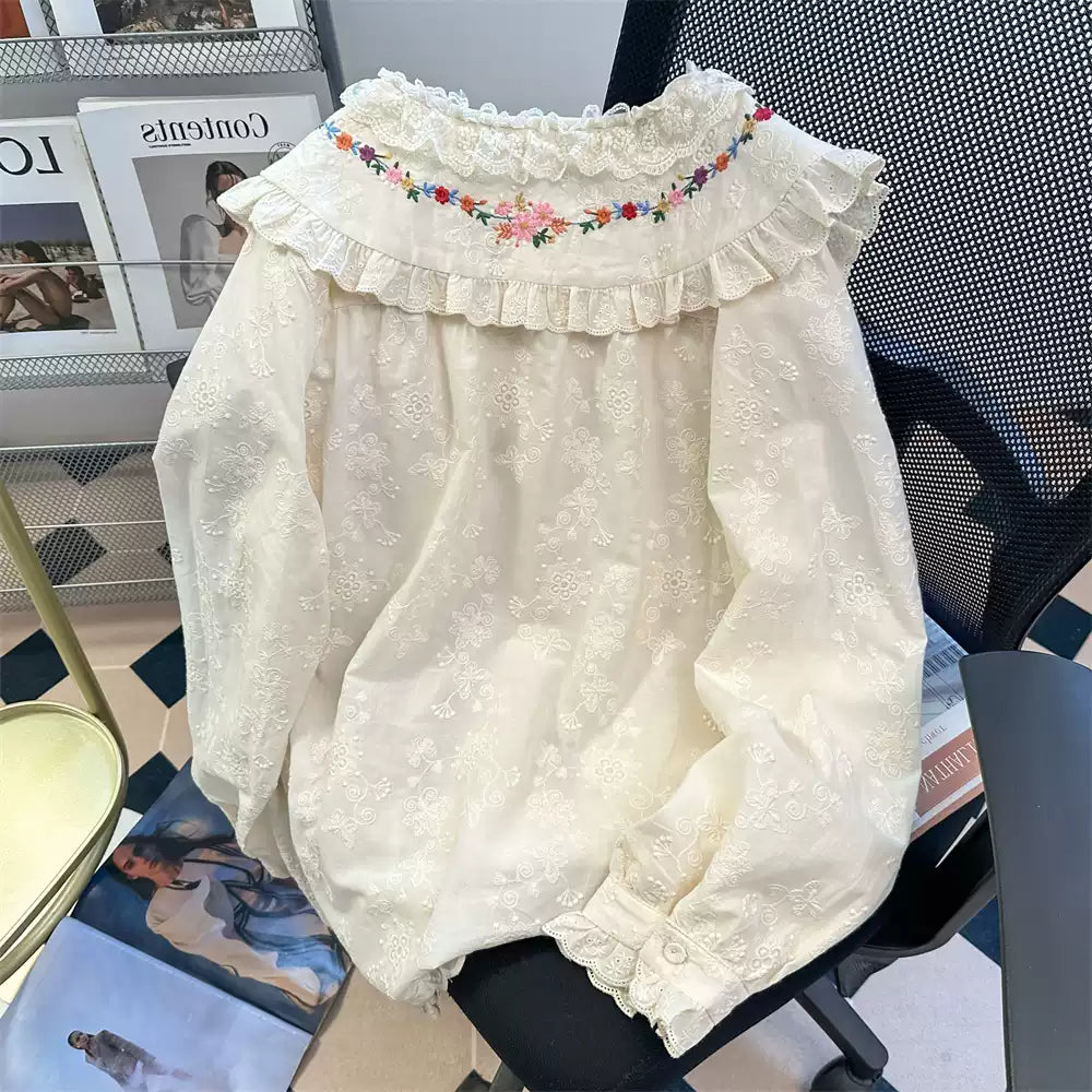 Victorian-Inspired Doll Collar Embroidered Blouse