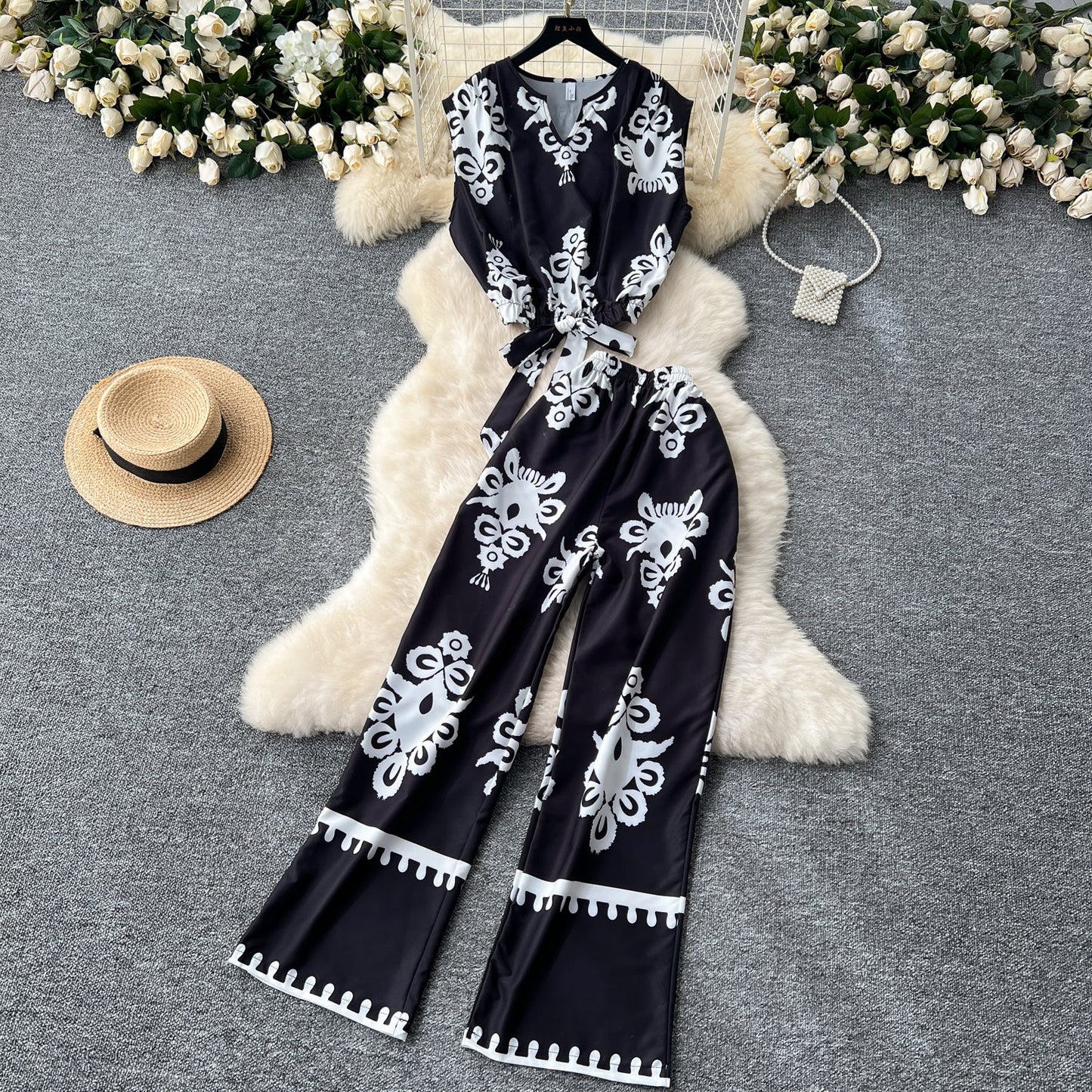 Printed Sleeveless Top & Wide Leg Pants Set