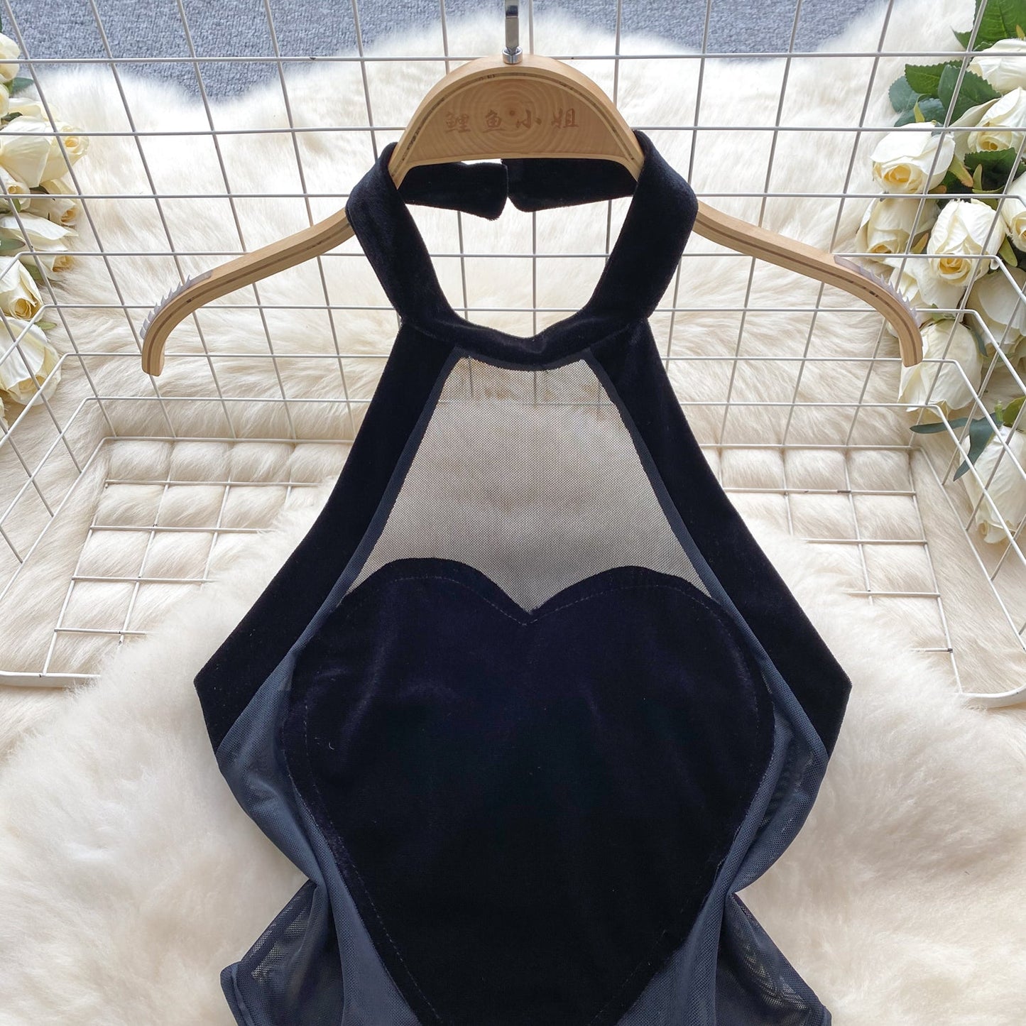 Sheer Mesh Cutout Halter Romper