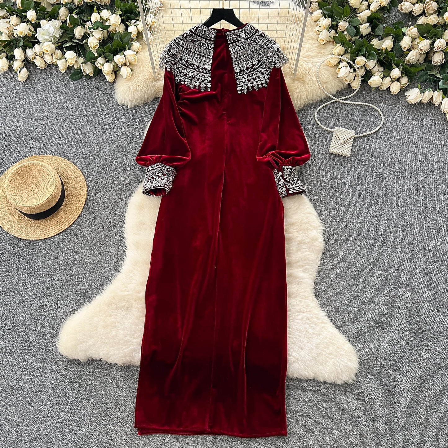 Bead-Adorned Suede Maxi Dress