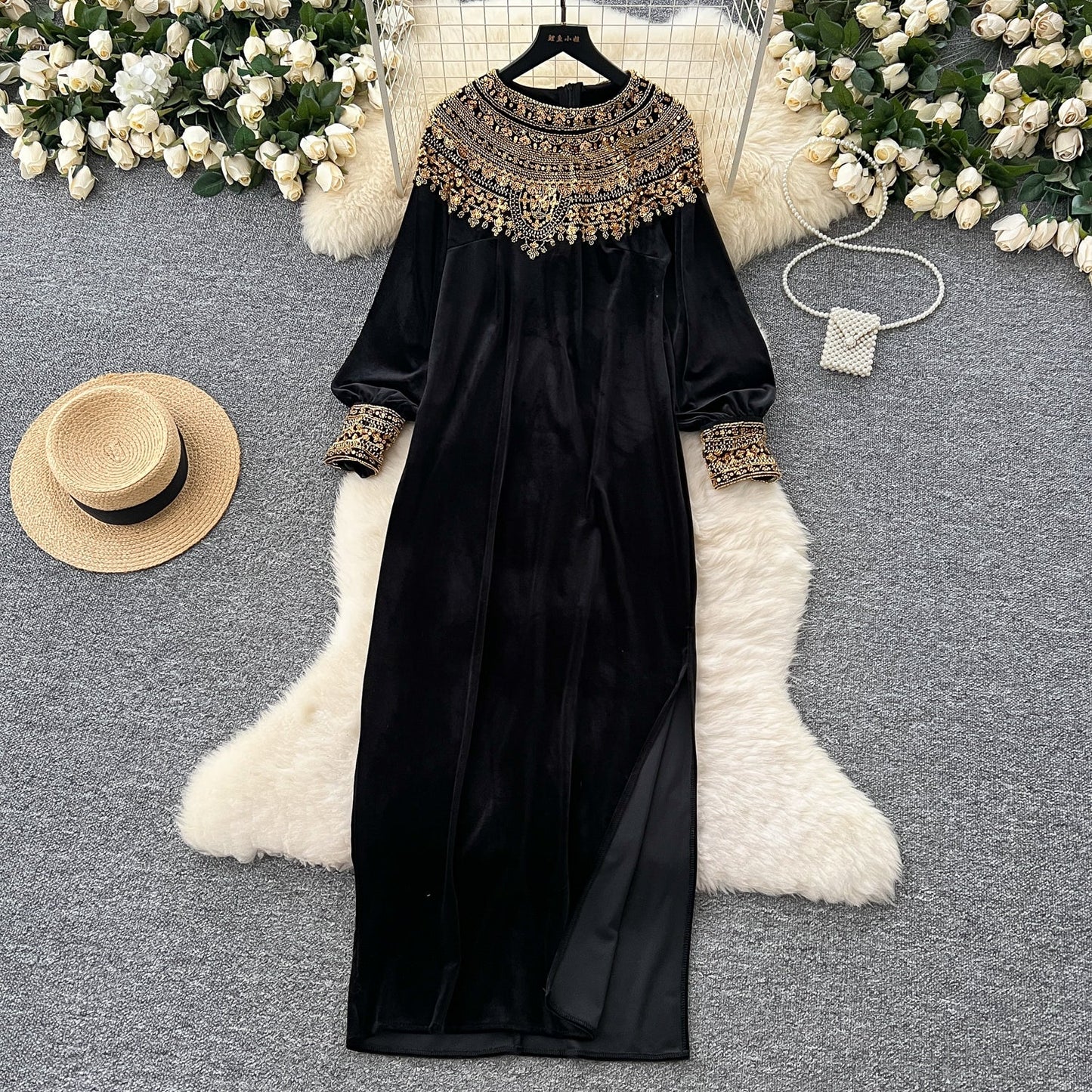 Bead-Adorned Suede Maxi Dress