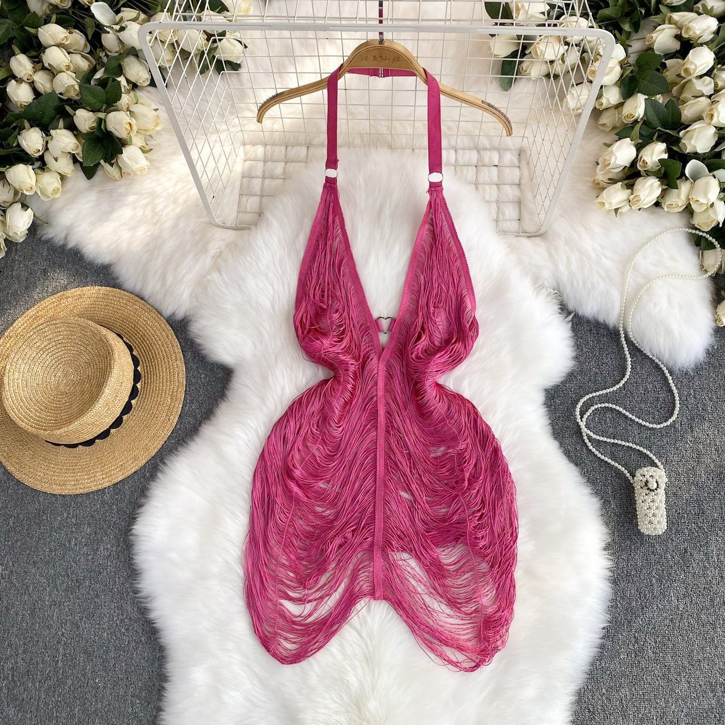 Sultry Fringe V-Neck Evening Dress
