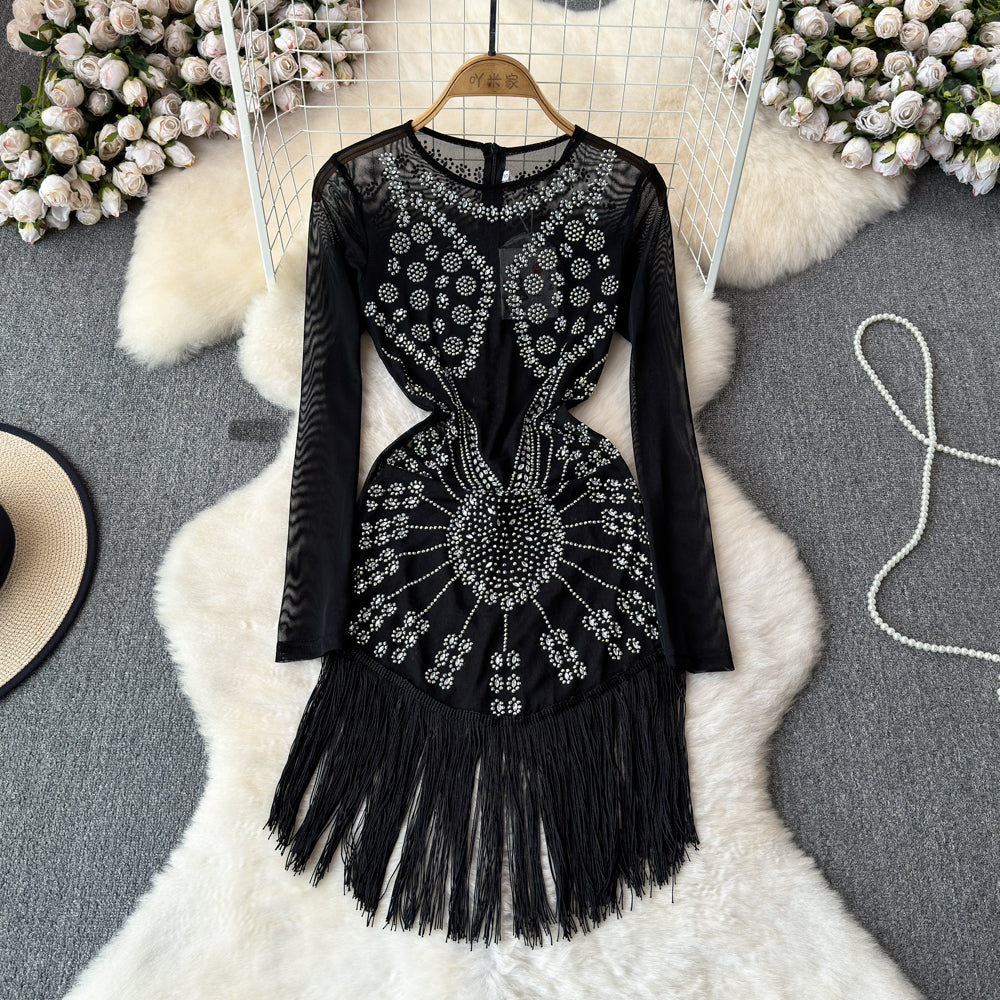 Sequin Fringe Black Cocktail Dress