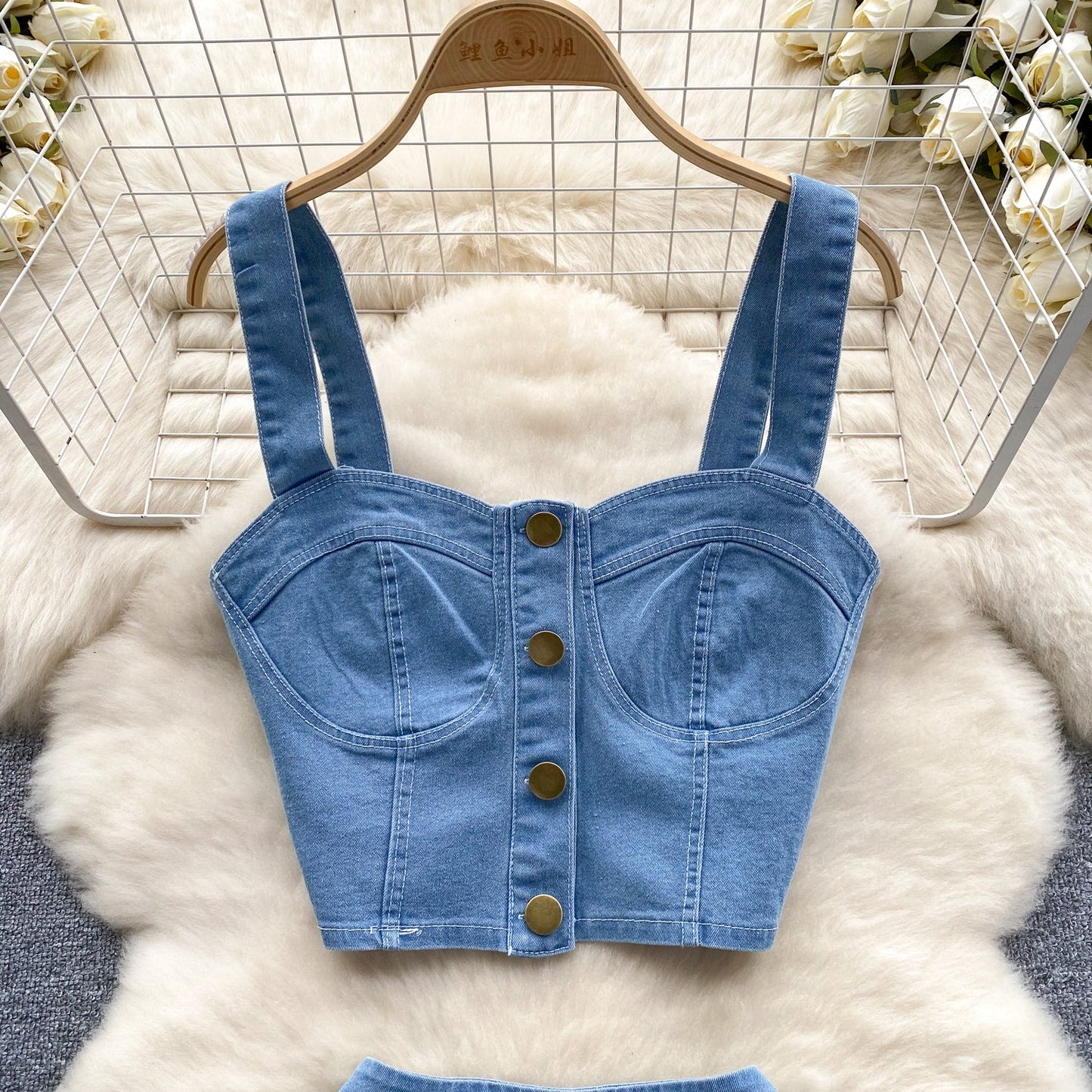 Denim Camisole & Pleated Skirt Set