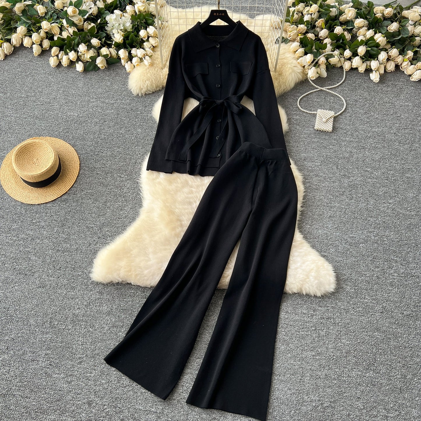 Tie Front Lounge Set Cozy Cardigan & Wide Leg Trousers