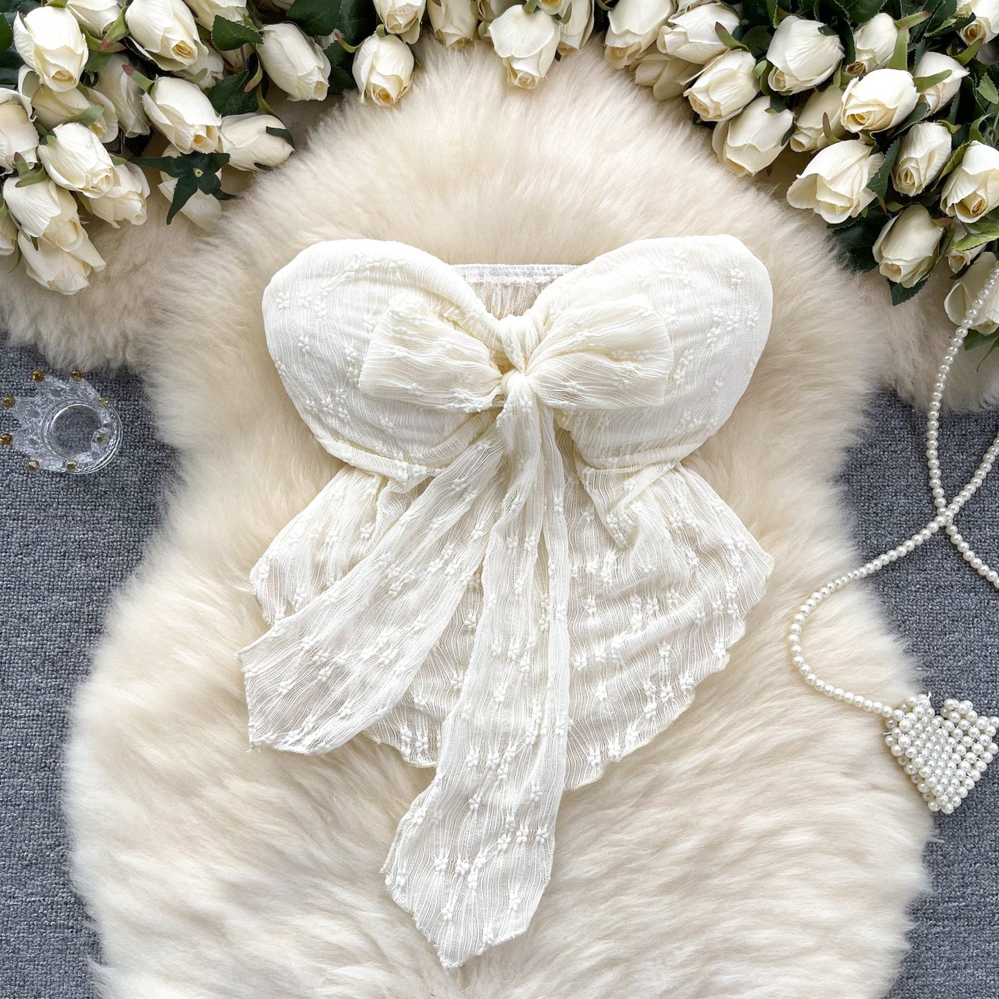 Ethereal Bow-Adorned Lace Bustier Top