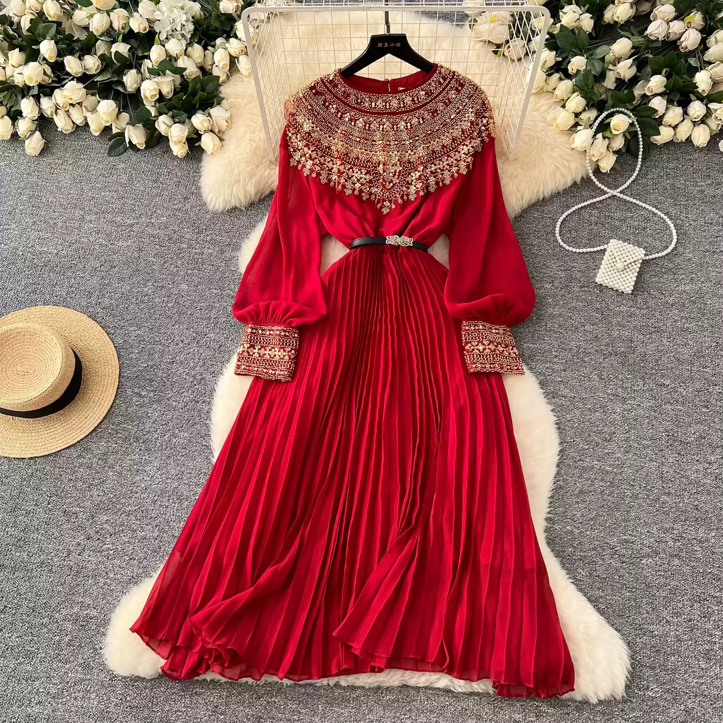 Rhinestone Embellished Pleated Dress