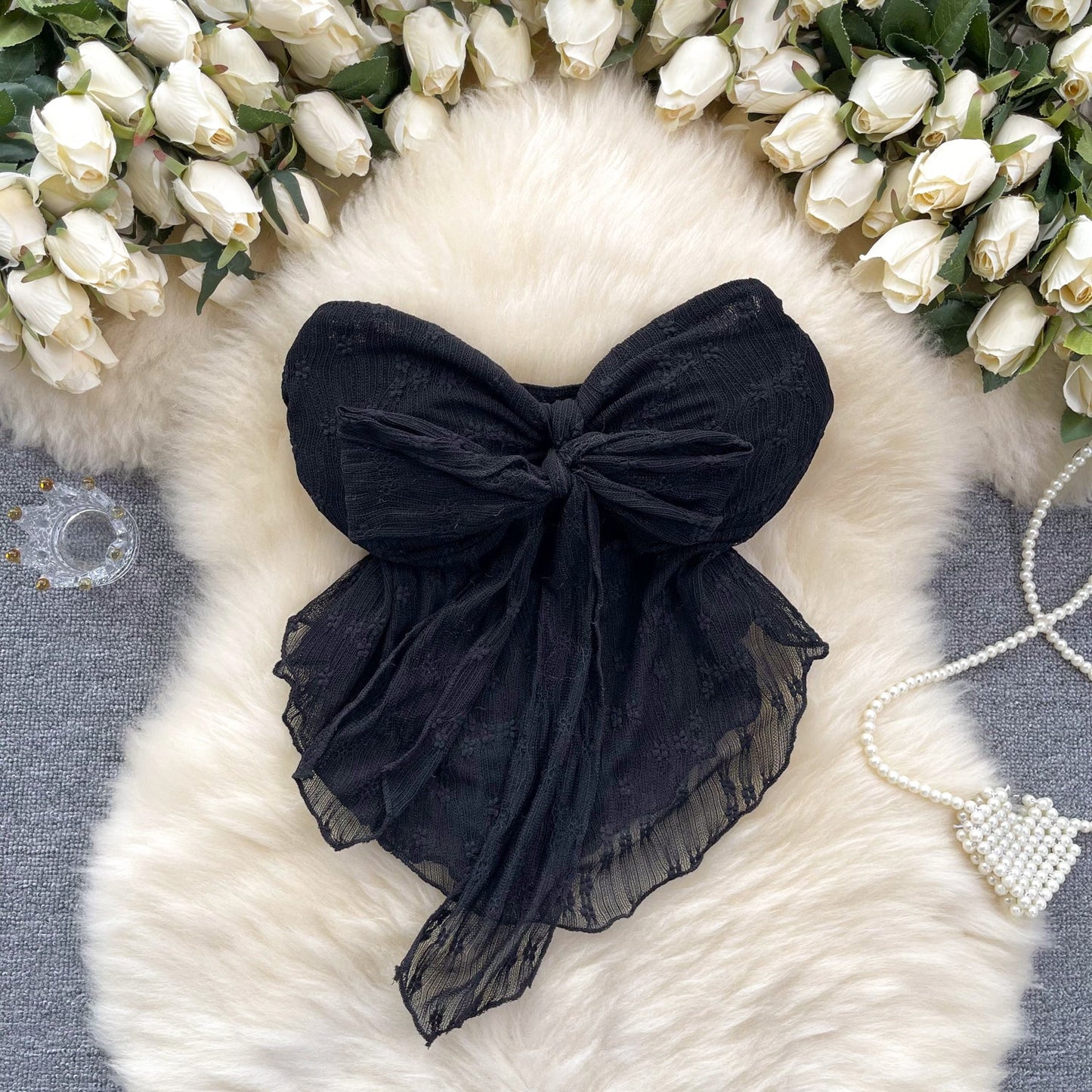 Ethereal Bow-Adorned Lace Bustier Top