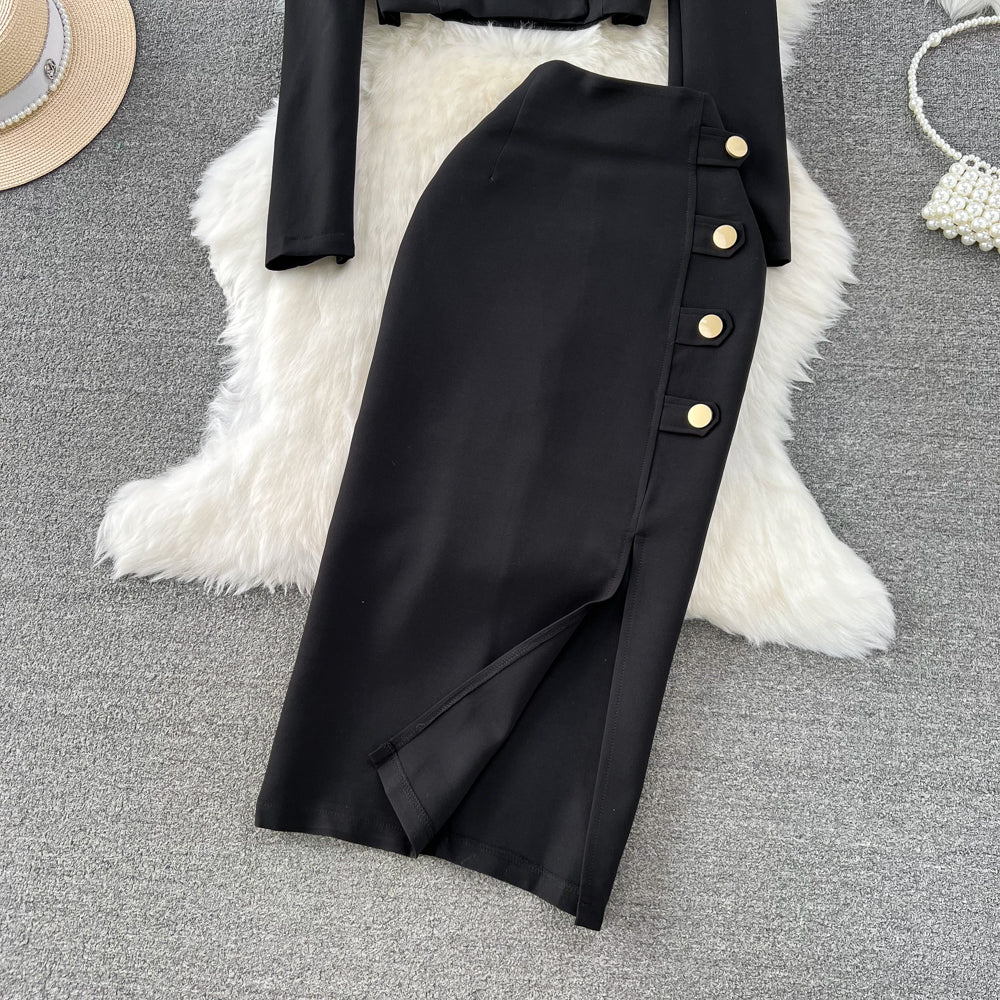 Black Blazer and Skirt Set Office Wear
