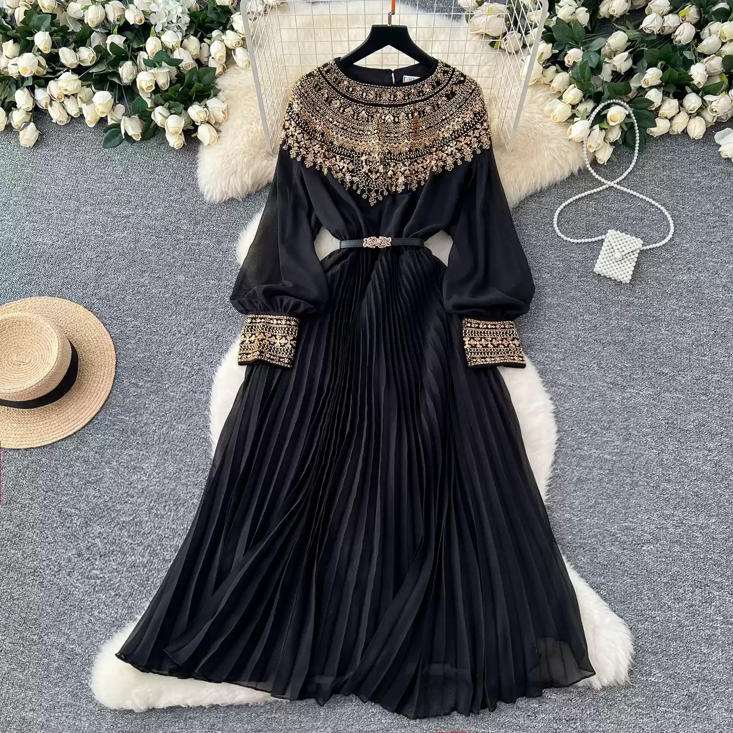 Rhinestone Embellished Pleated Dress