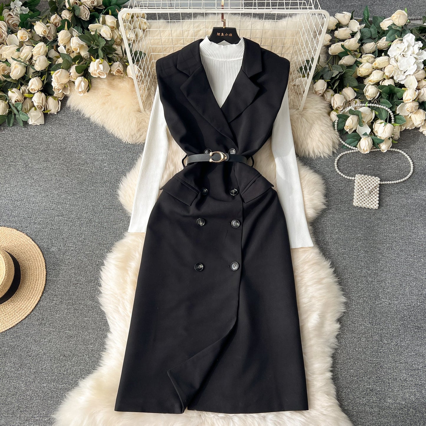 Retro Chic Suit Dress & Black Cardigan