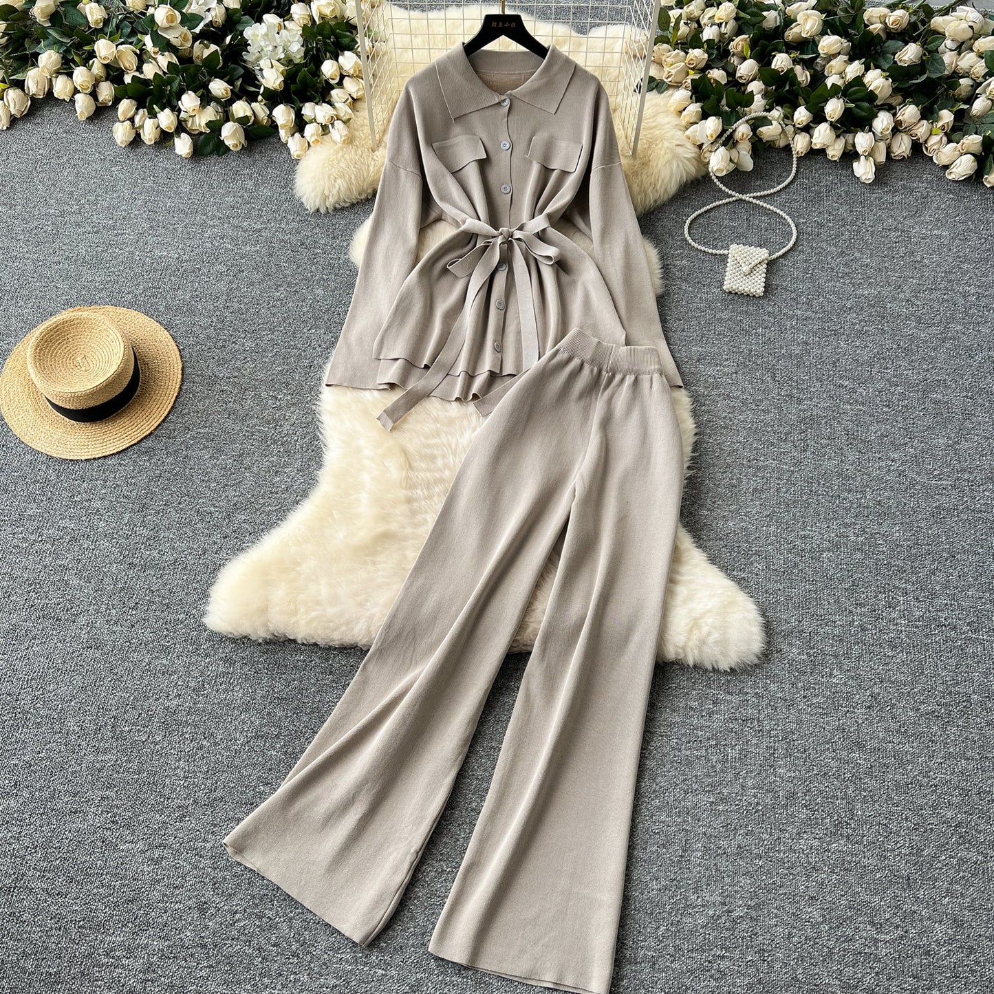 Tie Front Lounge Set Cozy Cardigan & Wide Leg Trousers