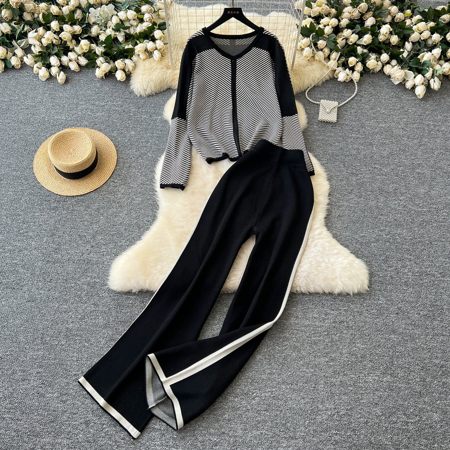 Striped V-Neck Knit Set – Sweater & Trousers