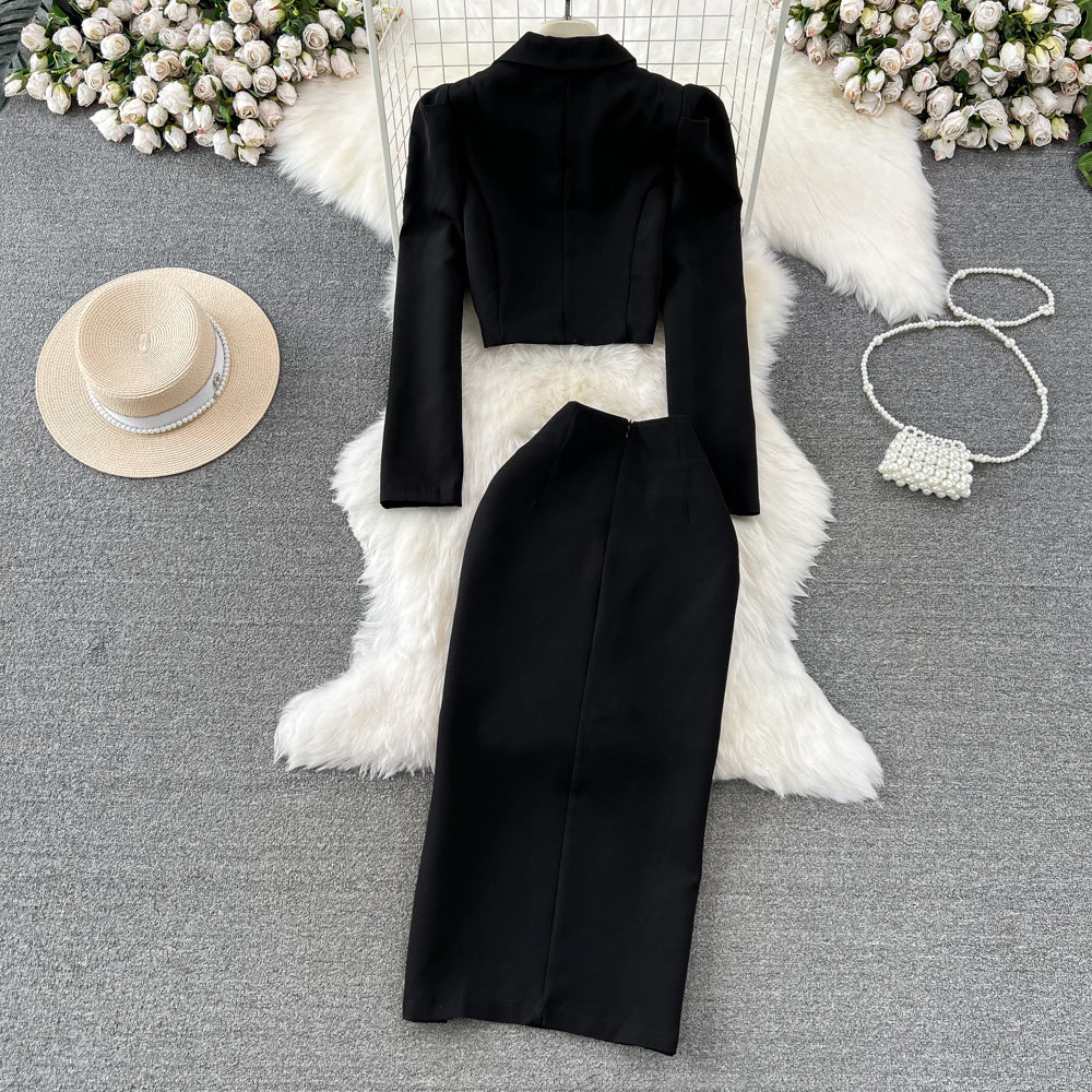 Black Blazer and Skirt Set Office Wear