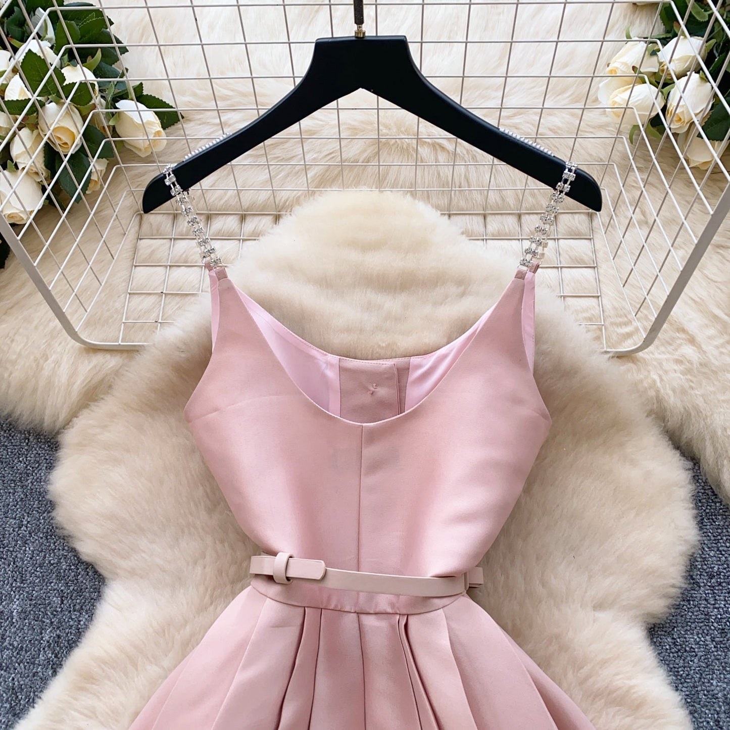 Elegant Pleated Slip Dress with Waist Belt
