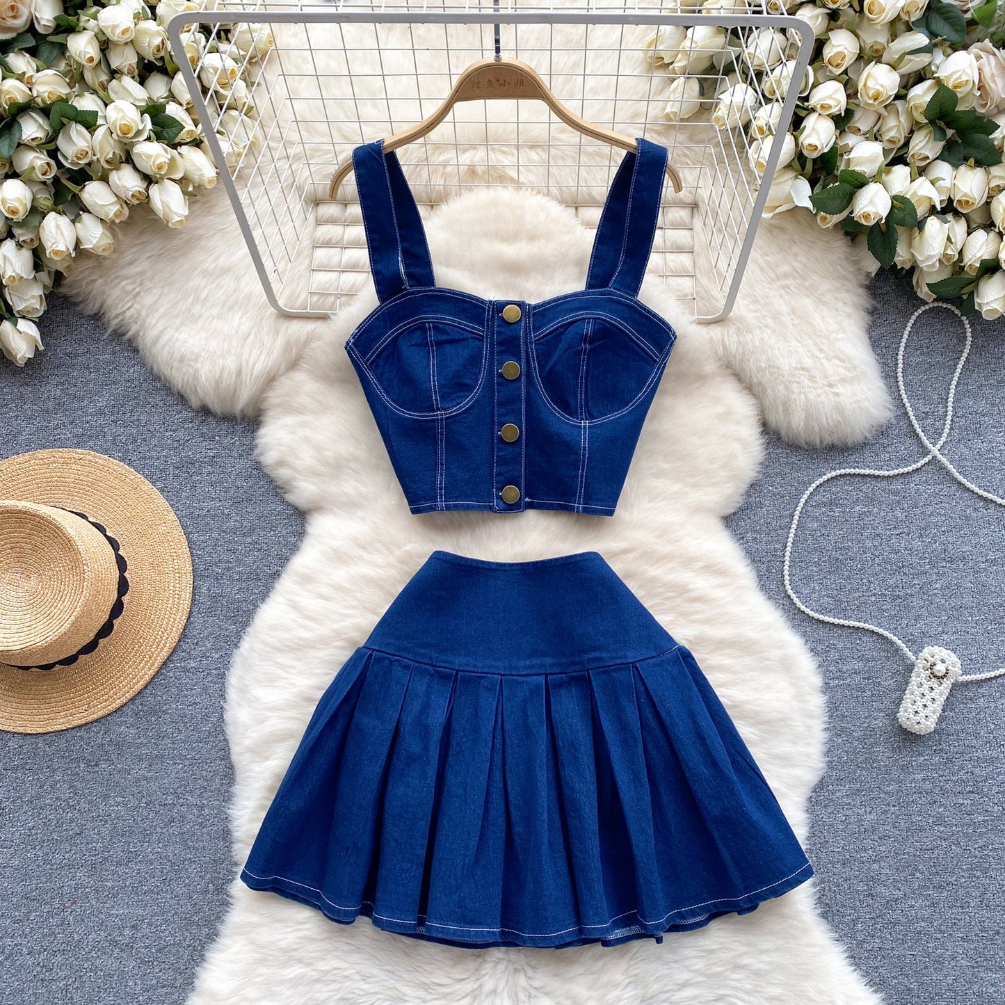 Denim Camisole & Pleated Skirt Set