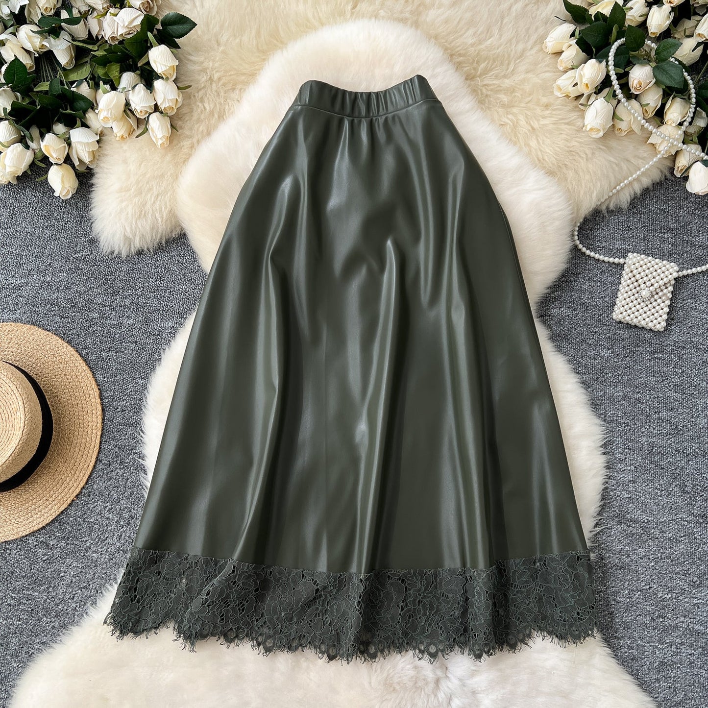 Geometric Lace & Faux Leather Midi Skirt