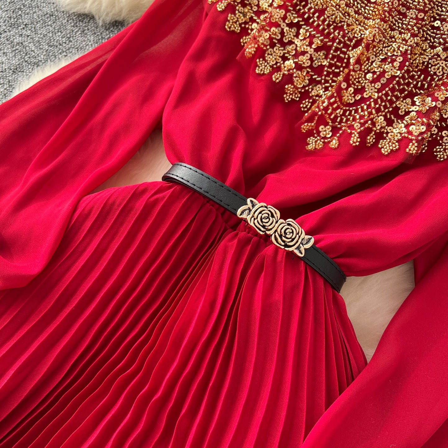 Rhinestone Embellished Pleated Dress