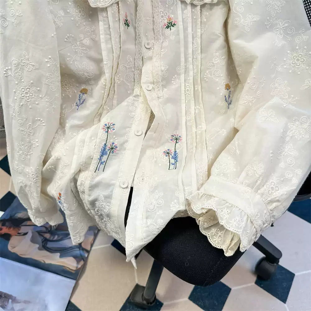 Victorian-Inspired Doll Collar Embroidered Blouse