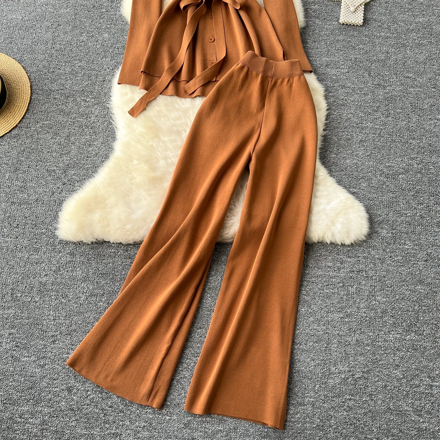 Tie Front Lounge Set Cozy Cardigan & Wide Leg Trousers