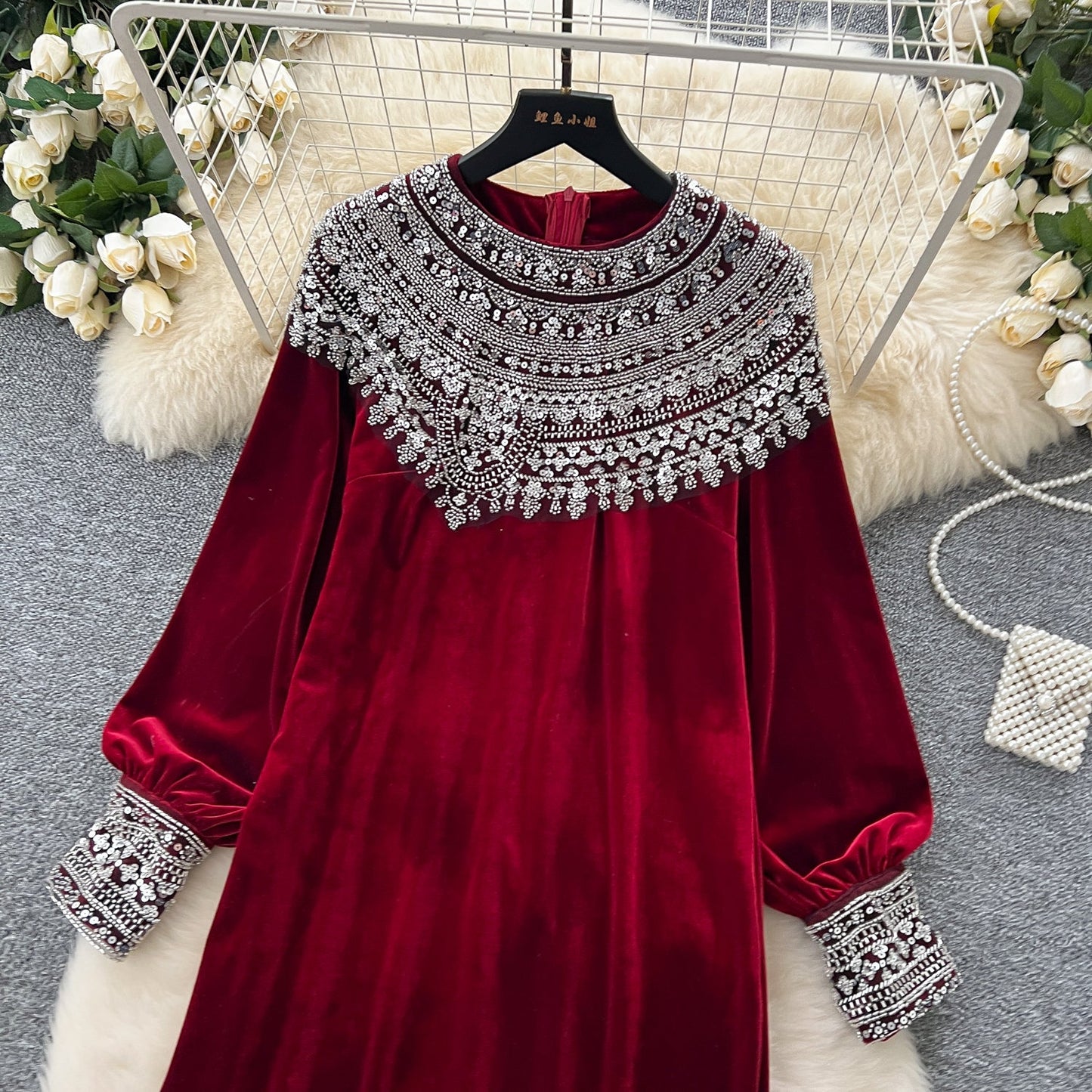 Bead-Adorned Suede Maxi Dress