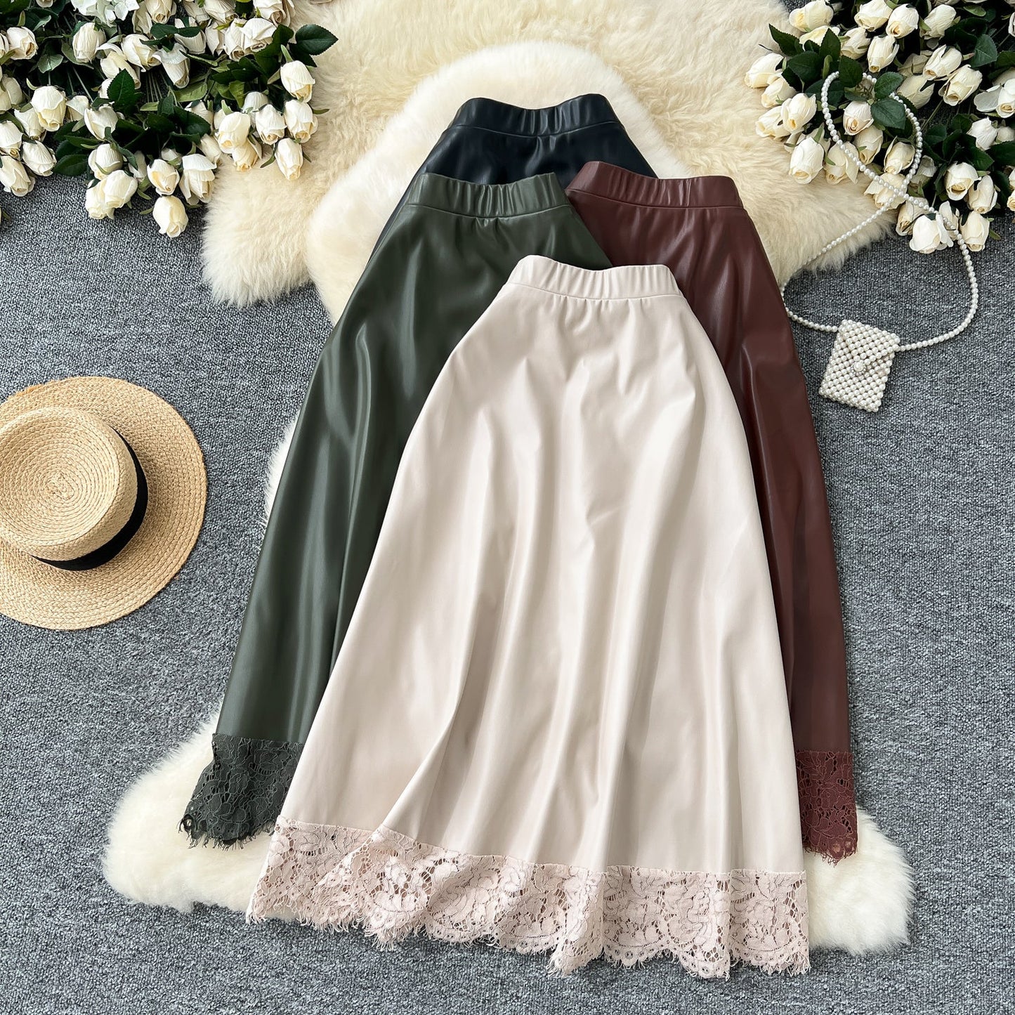 Geometric Lace & Faux Leather Midi Skirt