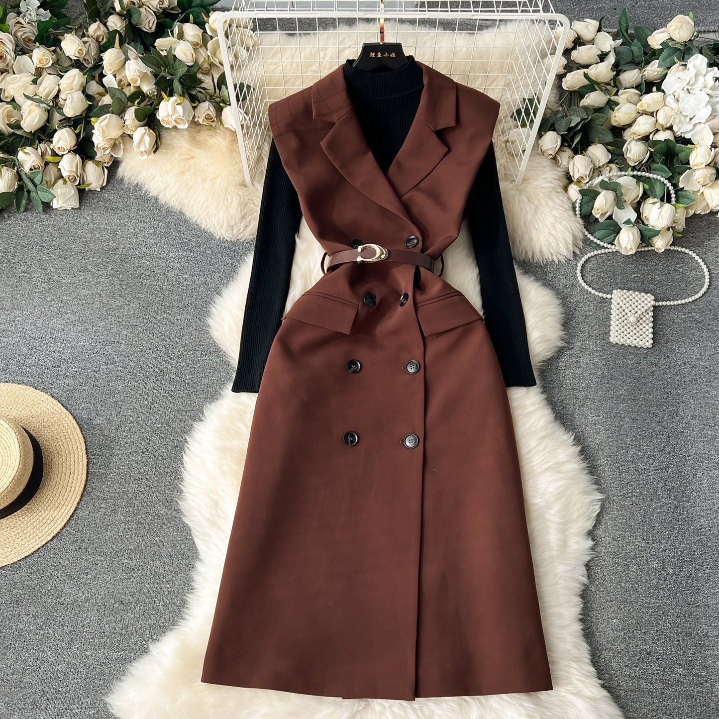 Retro Chic Suit Dress & Black Cardigan