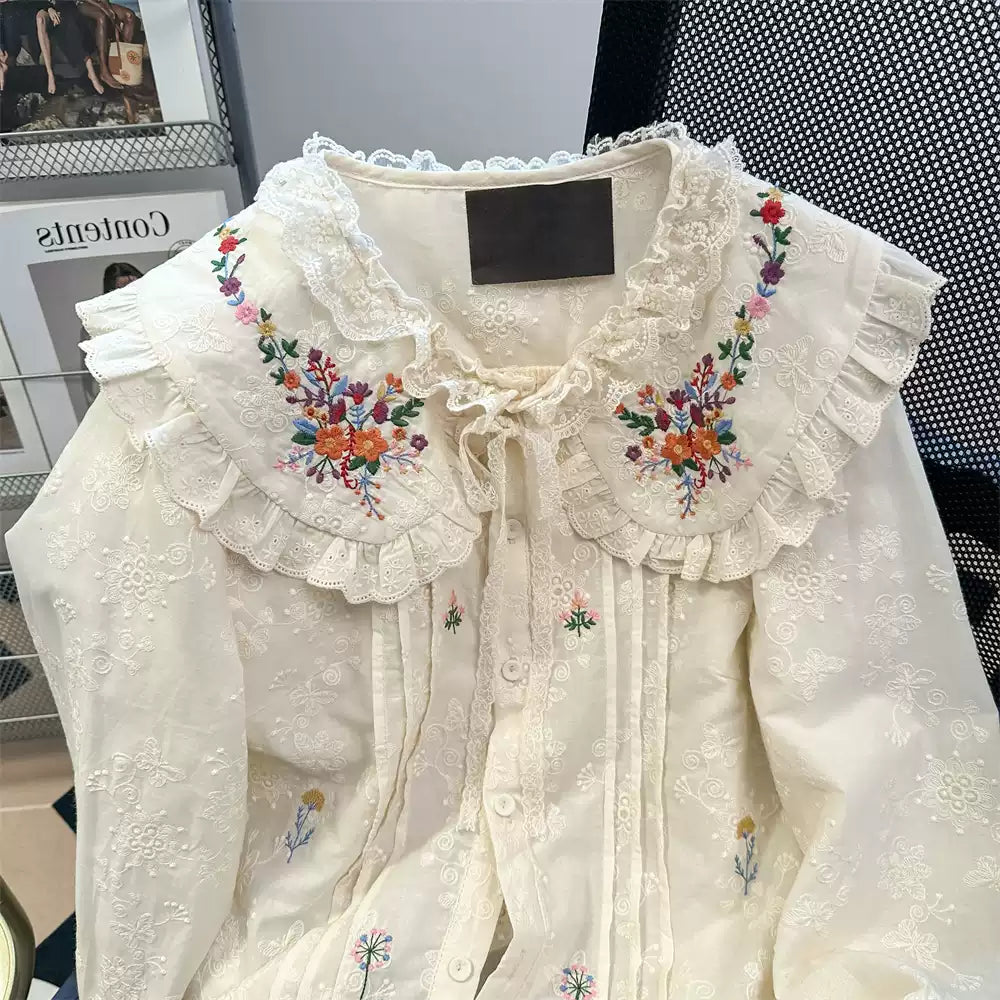 Victorian-Inspired Doll Collar Embroidered Blouse