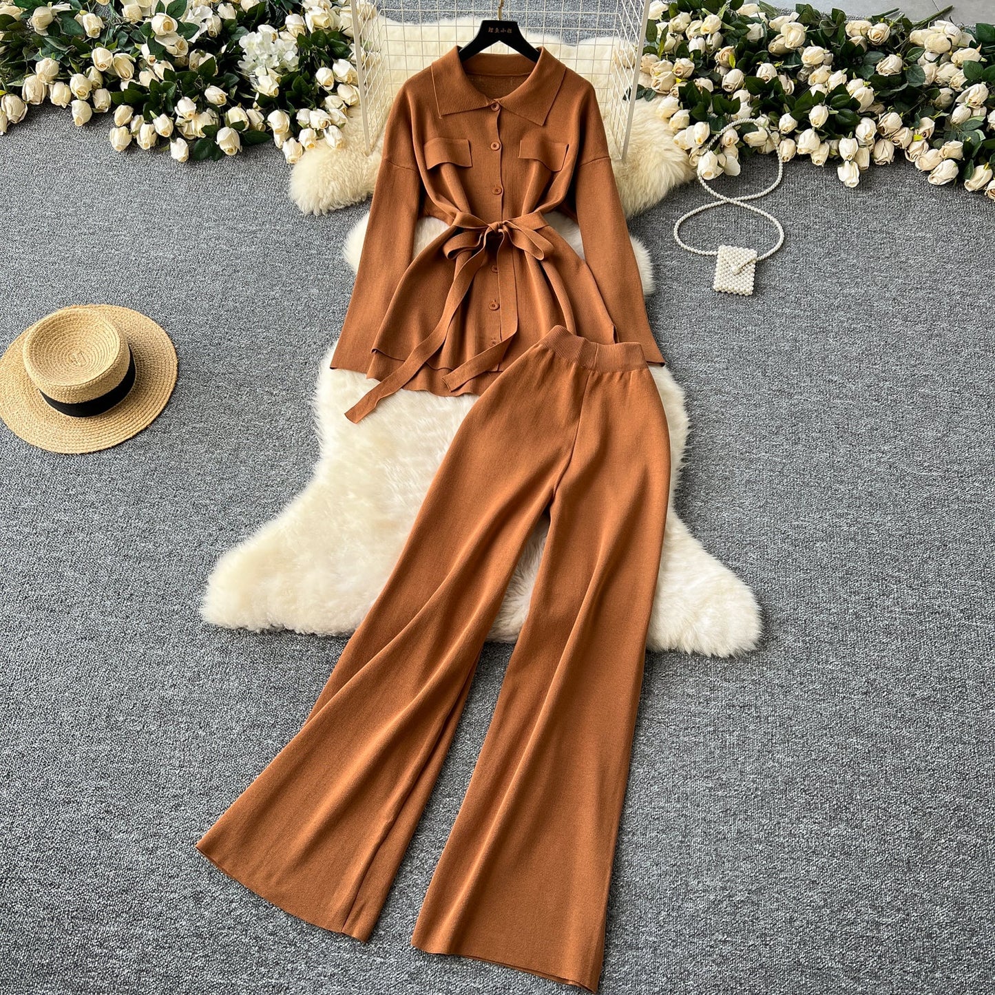 Tie Front Lounge Set Cozy Cardigan & Wide Leg Trousers