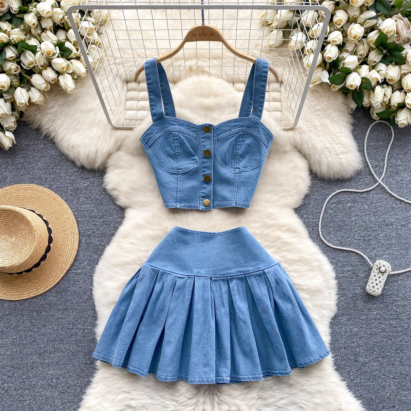 Denim Camisole & Pleated Skirt Set