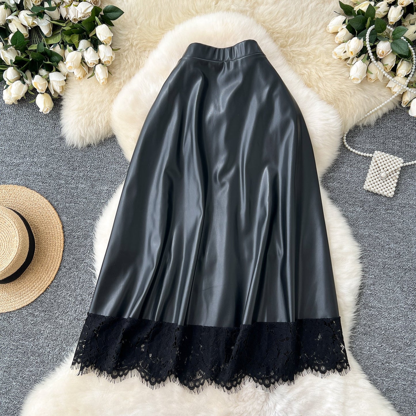 Geometric Lace & Faux Leather Midi Skirt