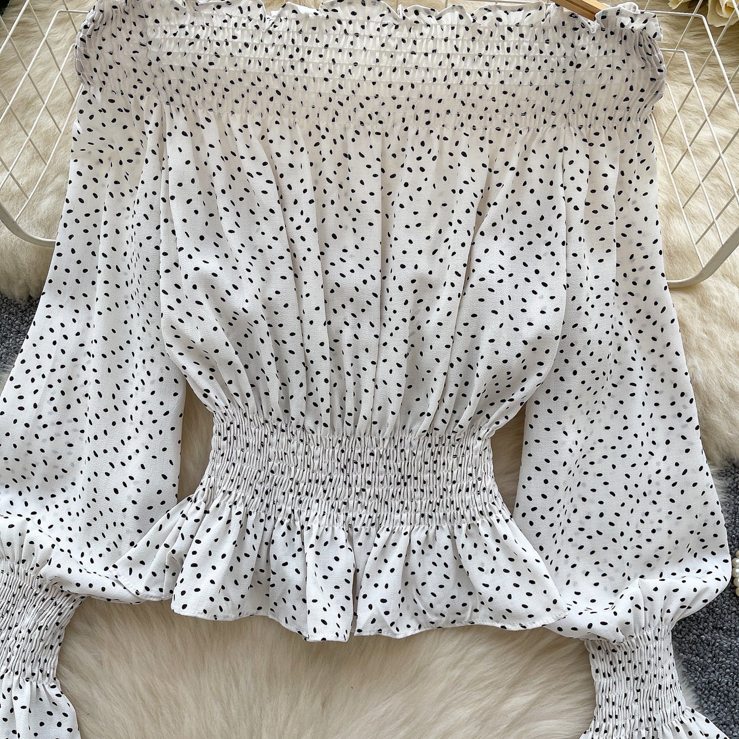 Retro-Inspired Off-Shoulder Dot Print Top